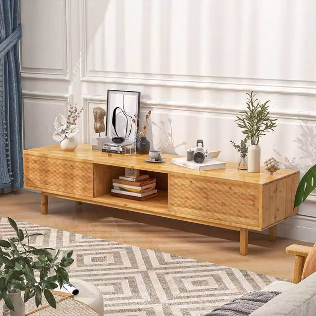 KORVIXA Bamboo TV Stand for 65 to 70 inch TVs in Natural Wood Finish, W/D/H: 100 x 100 x 100 cm – 1