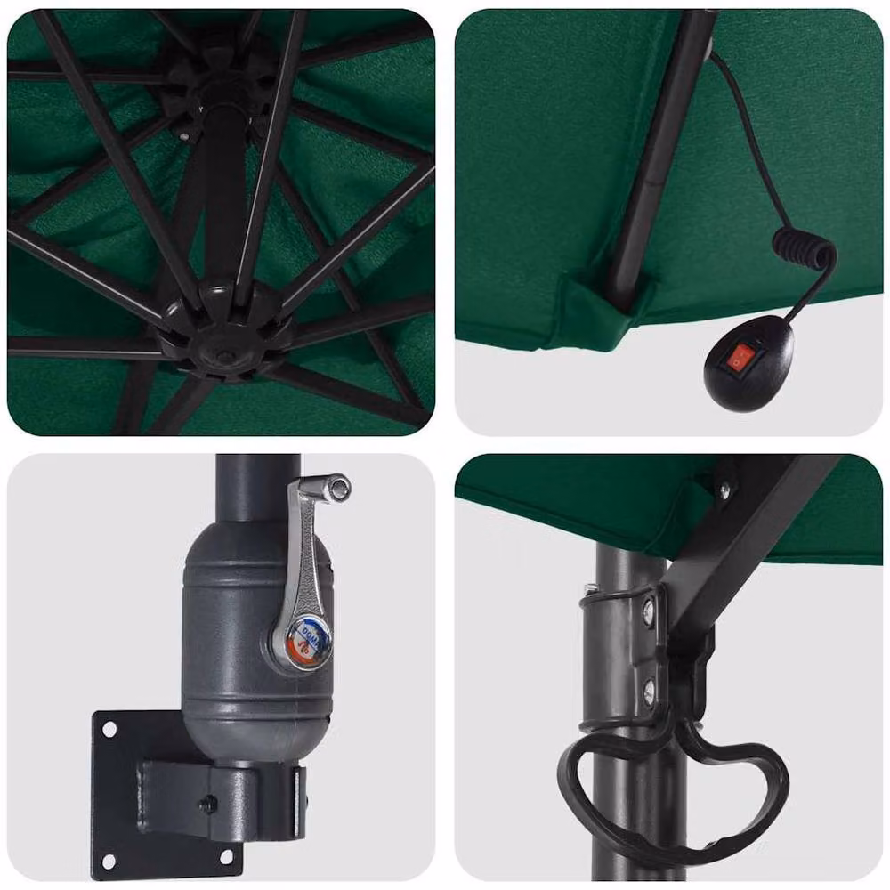 Berkfield Home Wall-mounted Garden Parasol with LEDs, Green, Diameter: 248 cm – 4