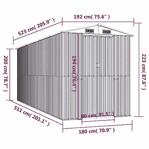 vidaXL Green Galvanised Steel Garden Shed with Gable Roof, W/D/H: 523 x 192 x 223 cm – 3
