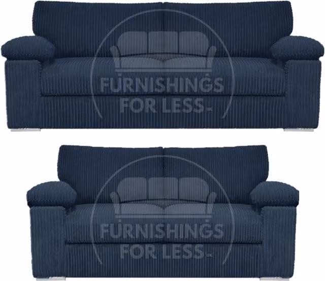 Furnishings For Less UK Delta Blue Jumbo Cord Fabric Sofa Suite with Padded Arms, 3 and 2 Seater – 1