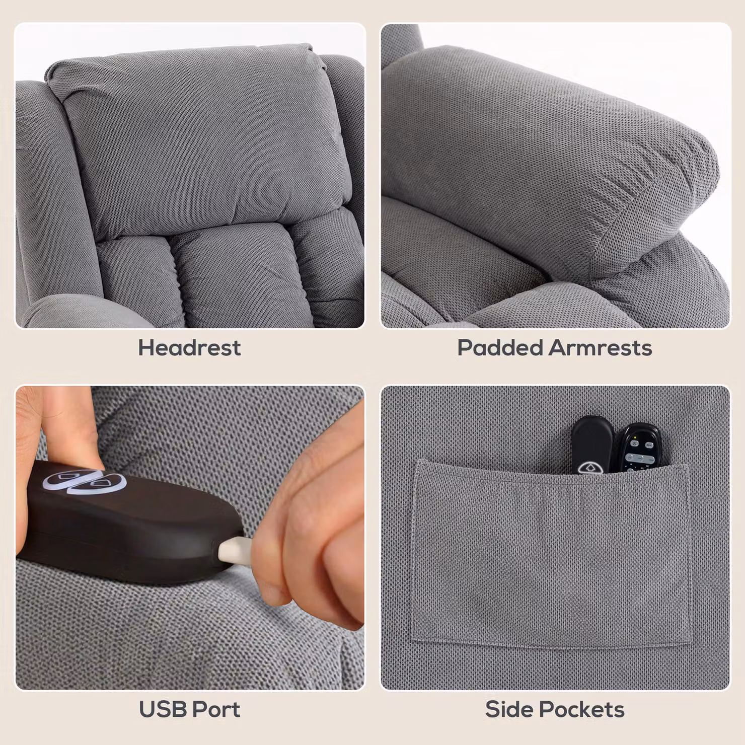 HOMCOM Electric Recliner Lift Chair with Massage, Heat and USB Port in Light Grey – 6
