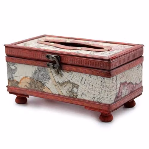 KDMD Antique Style Wooden Tissue Box with Legs in Dark Brown and Old Map Design