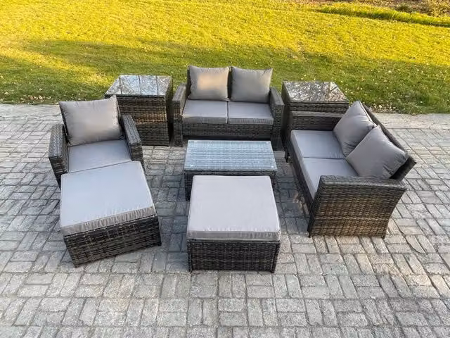 Fimous 7 Seater Grey Polyrattan Garden Furniture Set with U-Shape Sofa, Coffee Table, Ottomans and Side Tables