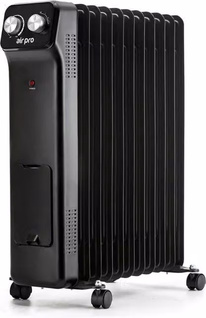 Air Pro 2500W Oil-Filled Electric Radiator in Black with Adjustable Thermostat and Overheat Protection