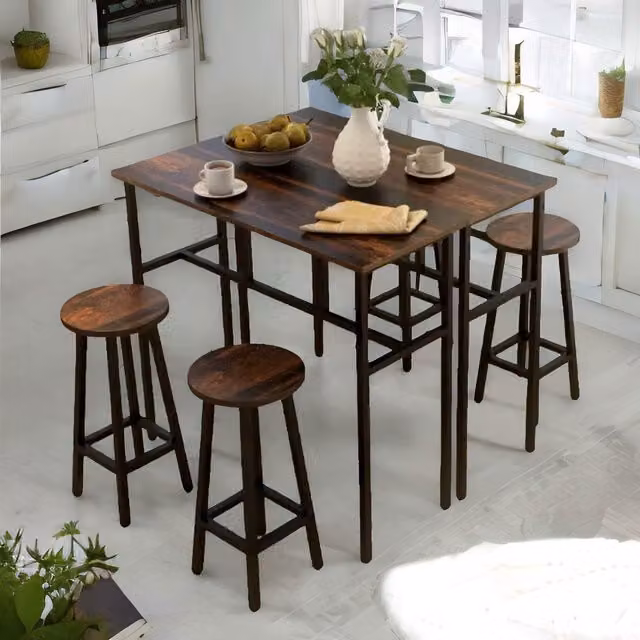 FURNOS 6-Piece Industrial Dining Set with Rectangular Table and Stools in Brown and Black