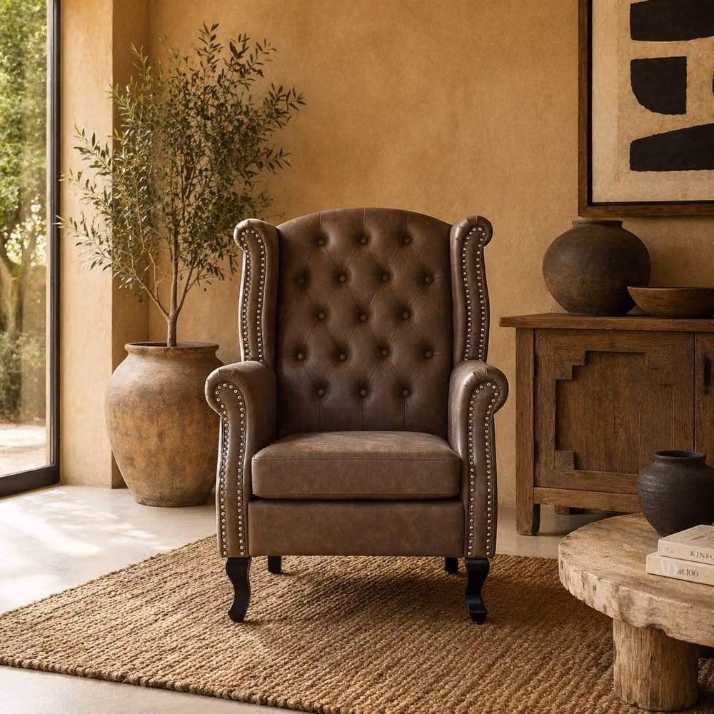 Wyld Haus Selato Brown Chesterfield Style Wingback Accent Chair in Faux Leather – 2