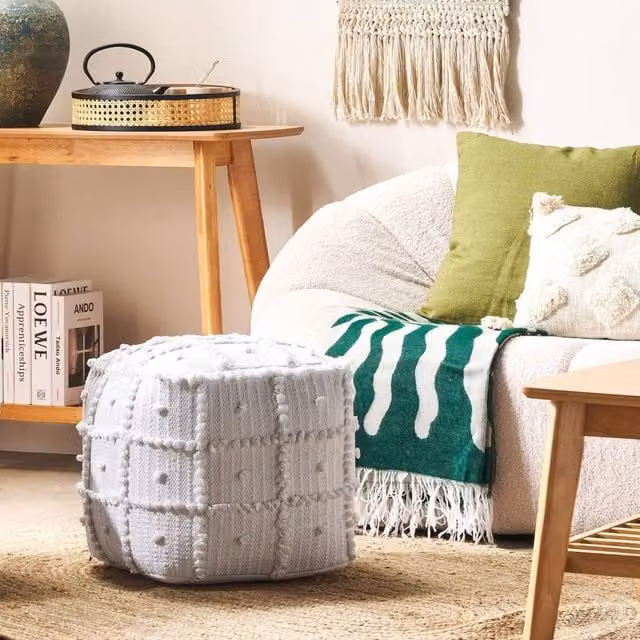 Wyld and Coco White Boho Geometric Cotton Cube Pouffe W/D/H: 40 x 40 x 40 cm – 1