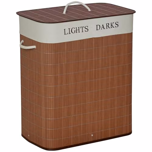 HOMCOM 100L 2-Section Collapsible Laundry Basket with Lid and String Handles, Brown