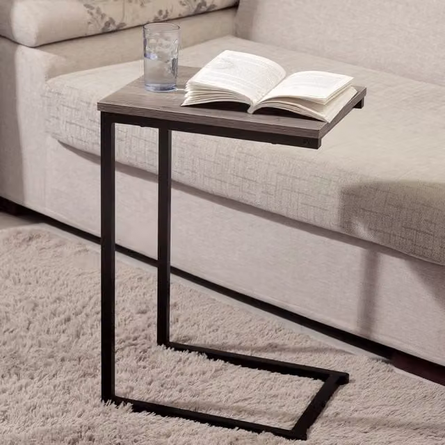 House Of Home Rustic Metal and Wood C-Shaped Side Table in Black