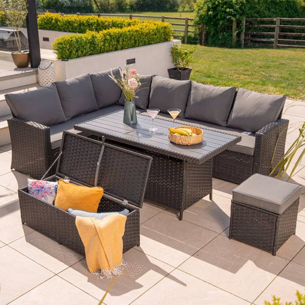 Furniture Maxi Rosen 9 Seater Rattan Garden Dining Set with Storage Bench and Stool in Black – 2