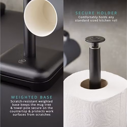 Swan Stealth Metal Kitchen Towel Pole and 6 Cup Mug Tree Set with Weighted Base, Black – 7