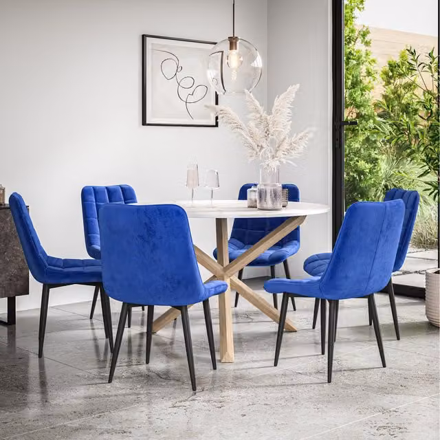 More4Homes Malvern Round Marble Effect Dining Table Set with Oak Legs and 6 Blue Nova Velvet Chairs, W/D/H: 120 x 120 x 75 cm