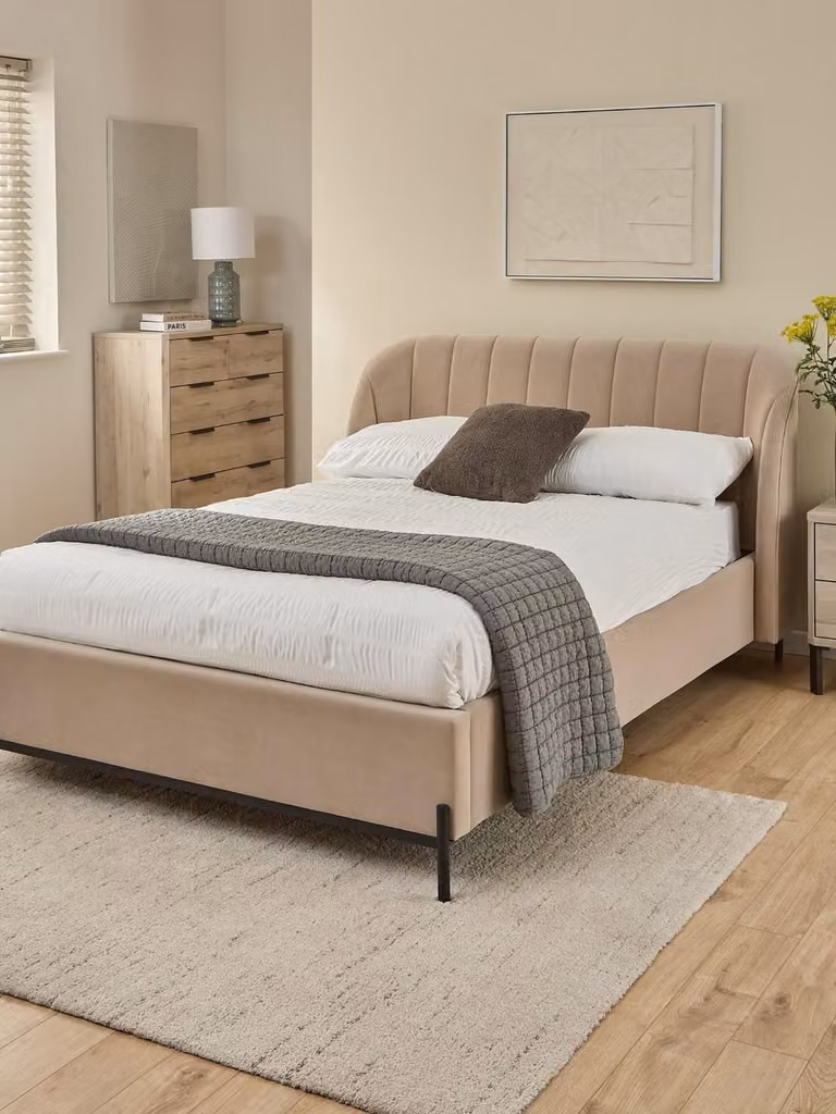 Korson Upholstered Double Bed Frame in Grey with Metal Feet, W/D/H: 140 x 200 x 105 cm