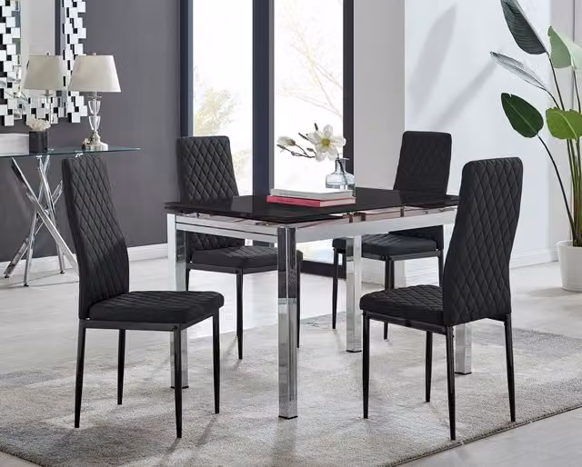 Furniturebox Enna Black Glossy Glass Extending Rectangular Dining Table and 4 Milan Black Leg Chairs Set