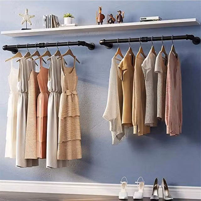 FLAVORA 2-Piece Matt Black Industrial Metal Pipe Clothes Rail Rack, Height: 92 cm