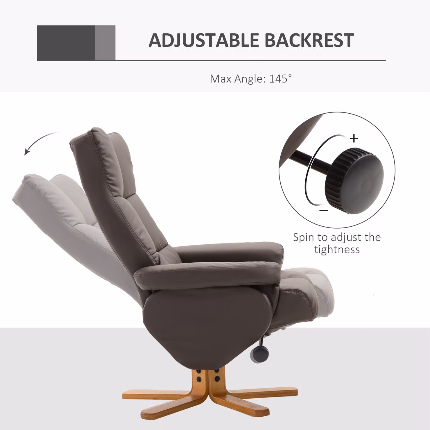 HOMCOM Brown Faux Leather Swivel Recliner Chair with Ottoman and Storage, Modern Wooden Base Armchair – 4