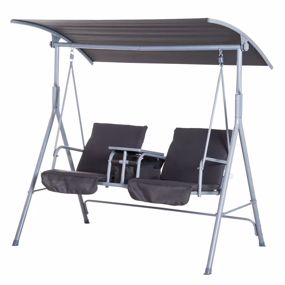 OUTSUNNY 2 Person Covered Patio Swing with Pivot Table and Storage Console in Grey – 2