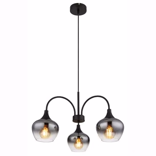Globo Lighting Modern 3-Bulb Pendant Light with Black Metal and Smoke Glass Shades, E27, Height Adjustable