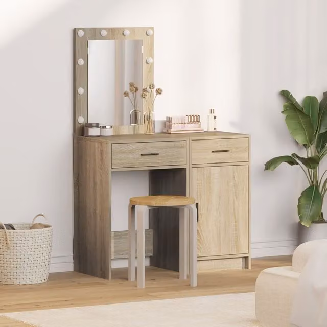 Berkfield Home 2-Piece Modern Dressing Table Set with LED in Beige Sonoma Oak Engineered Wood