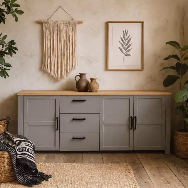 Wyld Haus Bramblecroft Large Grey and Natural Oak Sideboard with 3 Doors and 3 Soft Close Drawers – 1