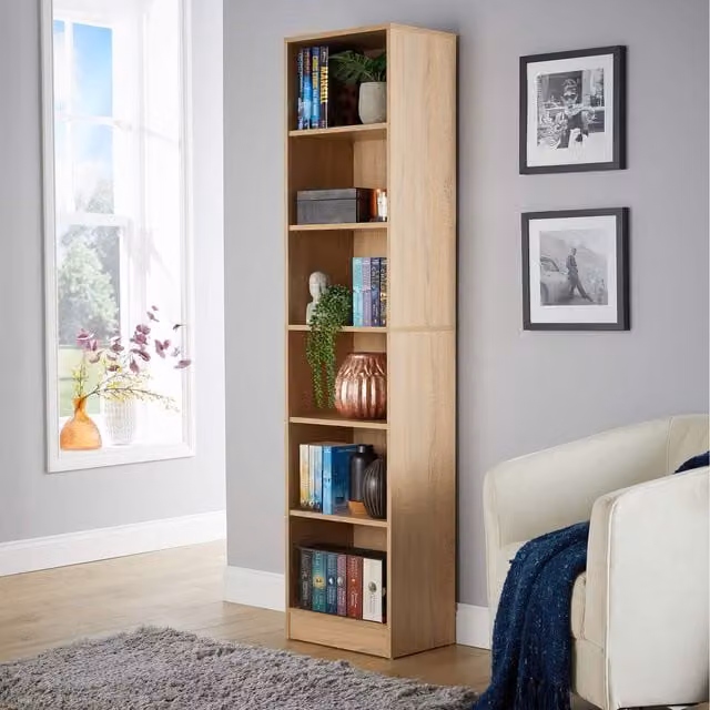 Home Source Clara Tall Narrow Storage Bookcase in Oak Effect