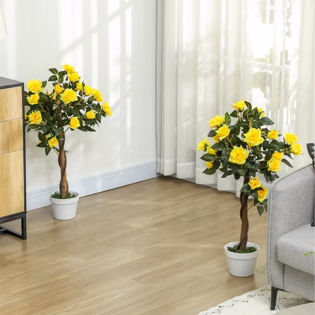 Outsunny Set of 2 Yellow Artificial Rose Trees with Concrete Bases