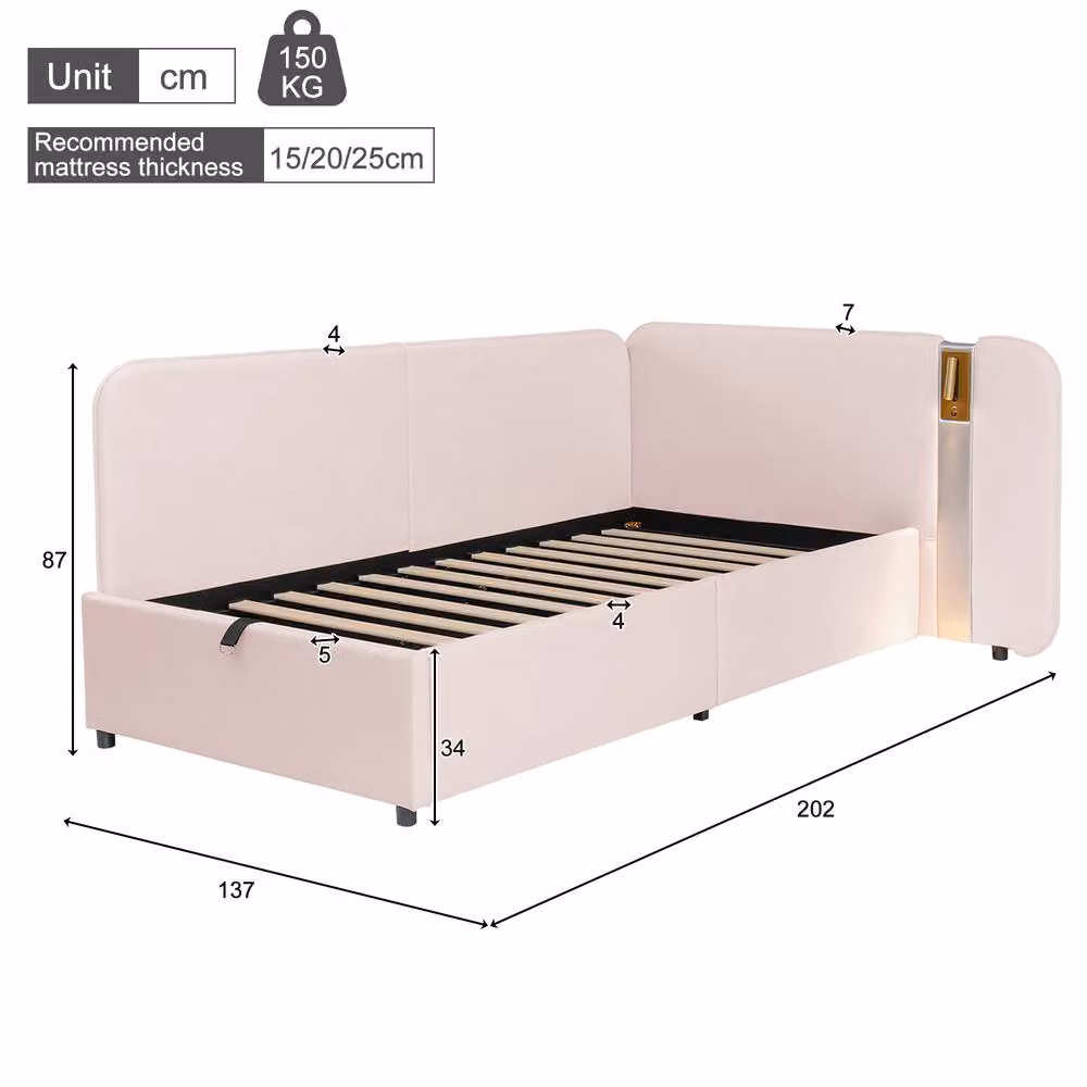 STILVORA Pink Velvet Upholstered Single Bed Frame with Lift-Up Storage, Integrated Reading Light and USB Charging Port, W/D/H: 90 x 190 x 87 cm – 3