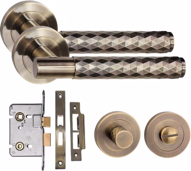 Golden Grace Brass Knurled T-Bar Diamond Cut Bathroom Door Handle Set with Mortise Lock in Gold and Bronze