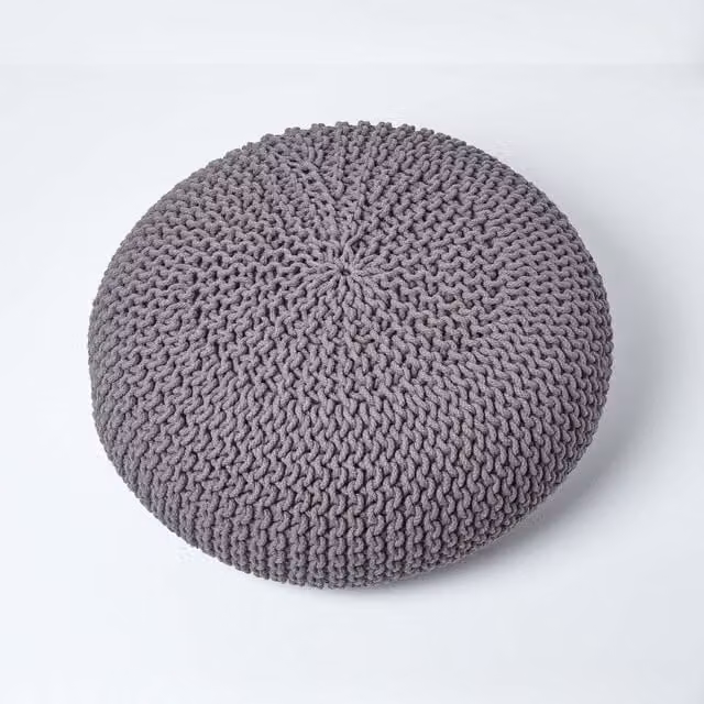 Homescapes Round Grey Cotton Knitted Pouffe, Diameter: 70 cm