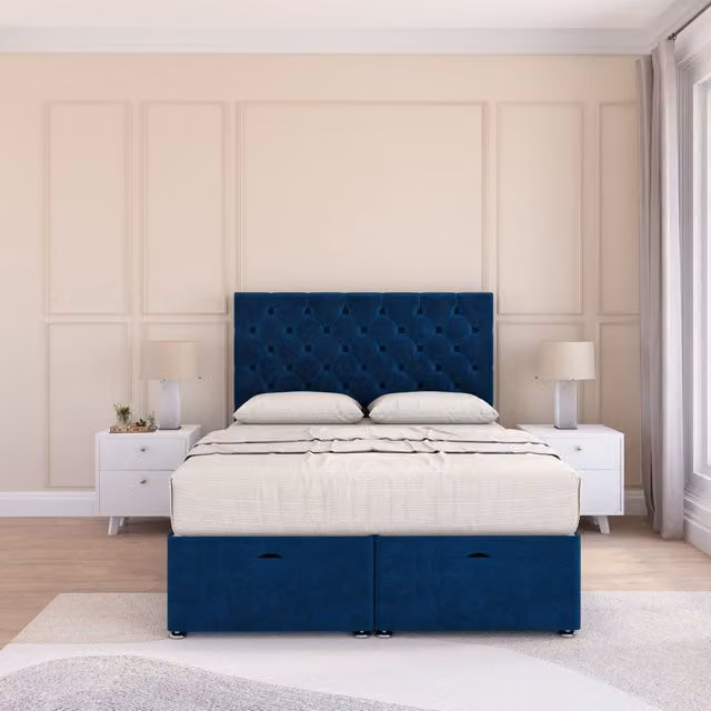 Sloomy Mayfair Small Double Plush Fabric Ottoman Bed with Hybrid Memory Mattress and 26 Inch Headboard in Navy Blue, W/D/H: 120 x 200 cm