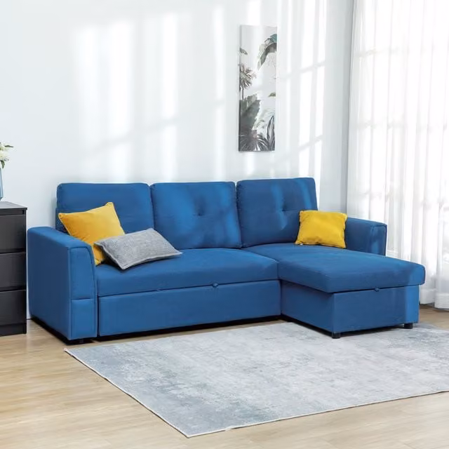 HOMCOM Blue Linen-Look L-Shaped Sofa Bed with Lift-Up Seat and Sleeping Function