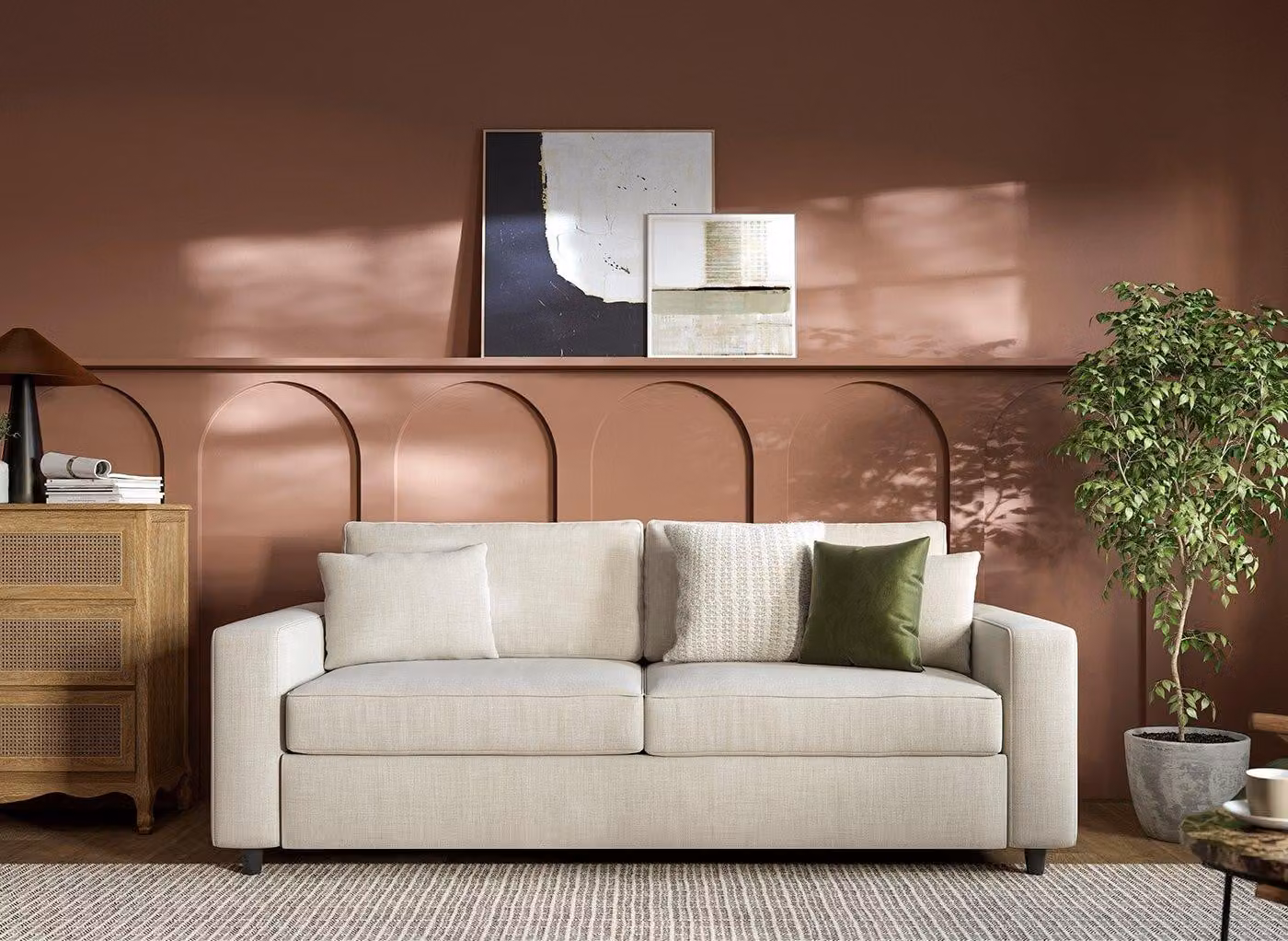 Dreams Elba 3-Seater Pull-Out Sofa Bed in Beige Fabric with Foam Mattress and Scatter Cushions