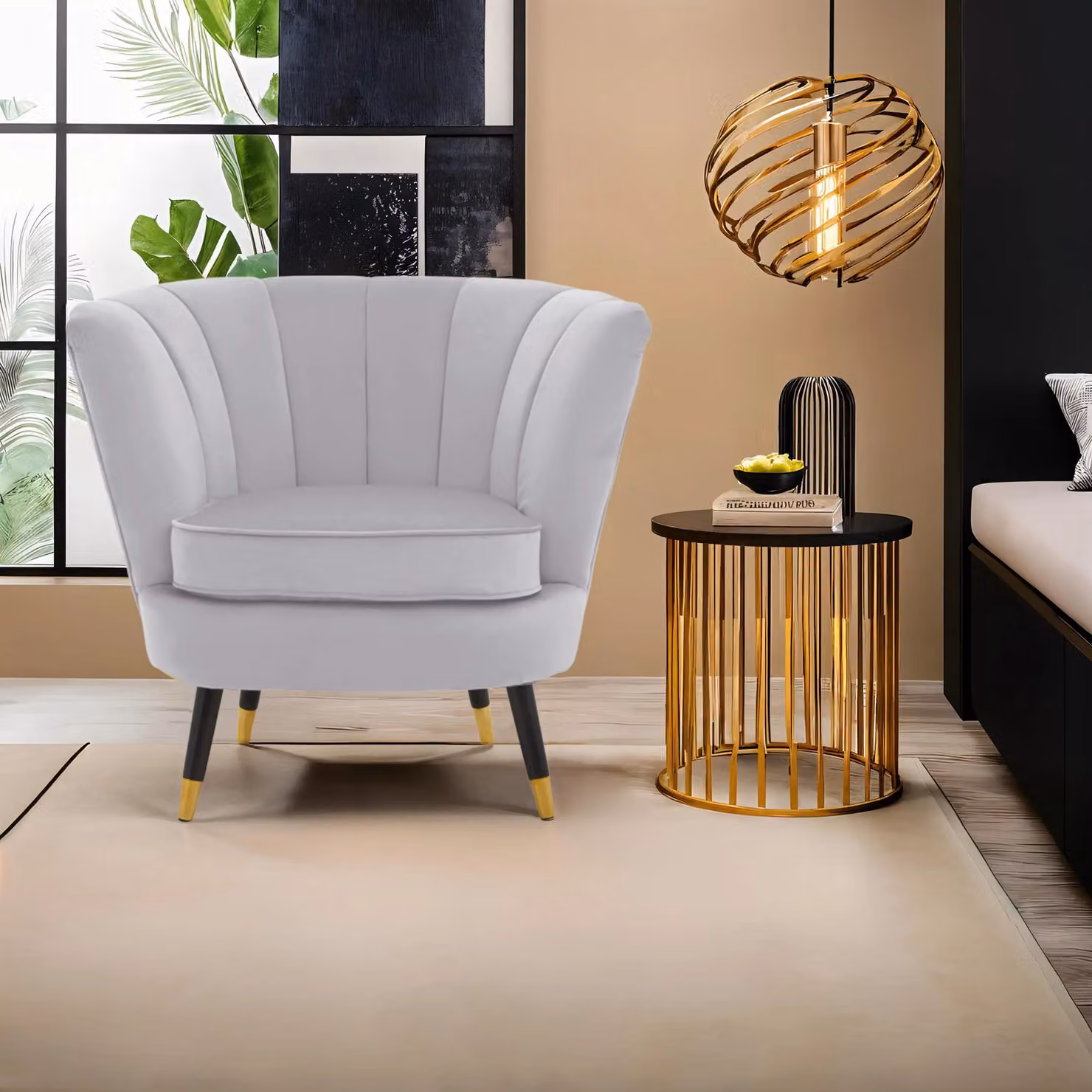 Orsina Loretta Grey Velvet Accent Chair with Black Wood and Gold Finish Legs – 3
