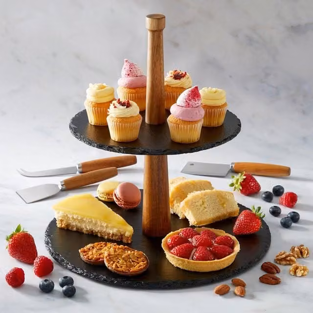 Occasion Round Slate Two Tier Stand Gift Set in Grey and Beige