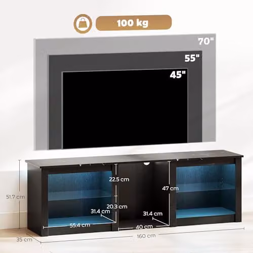 HOMCOM Modern Black TV Unit with LED Lights for Televisions up to 70 Inch, W: 160 cm, D: 35 cm, H: 51.7 cm – 6