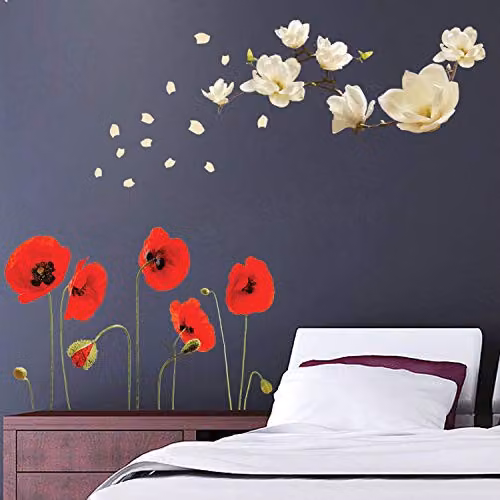 Walplus Removable Self-Adhesive Wall Stickers with White Magnolia and Red Poppy Flowers Floral Wall Mural Art for Home, Living Room, Nursery or Cafe Decoration – 2