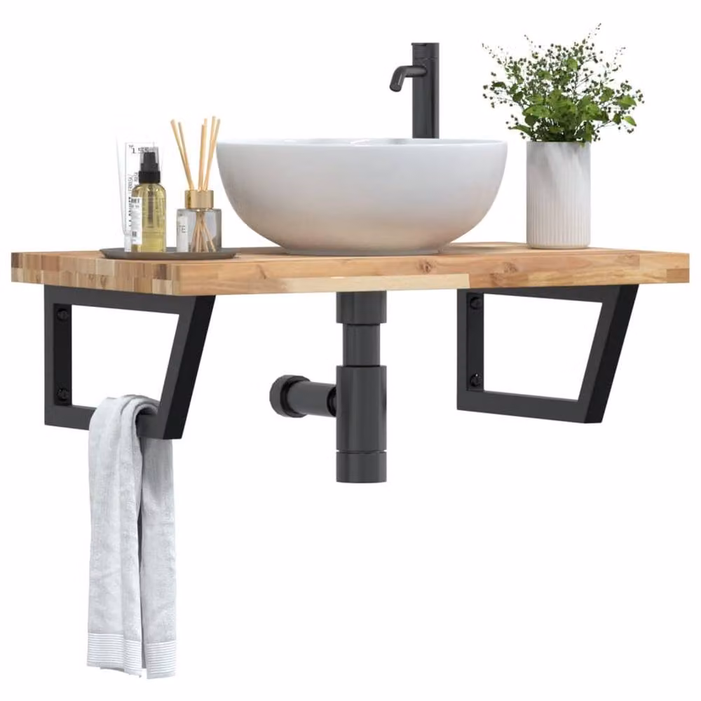 Berkfield Home Wall Mounted Basin Shelf in Brown Acacia Wood and Steel – 2