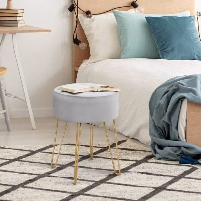EONLION Modern Round Velvet Footstool Ottoman in Grey, Diameter: 100 cm
