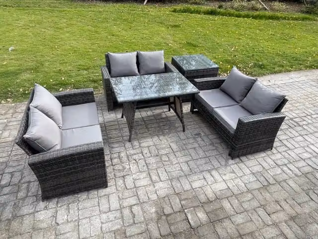 Fimous 6 Seater Rattan Wicker Garden Furniture Set with Rectangular Dining Table and Love Seat Sofa in Dark Grey