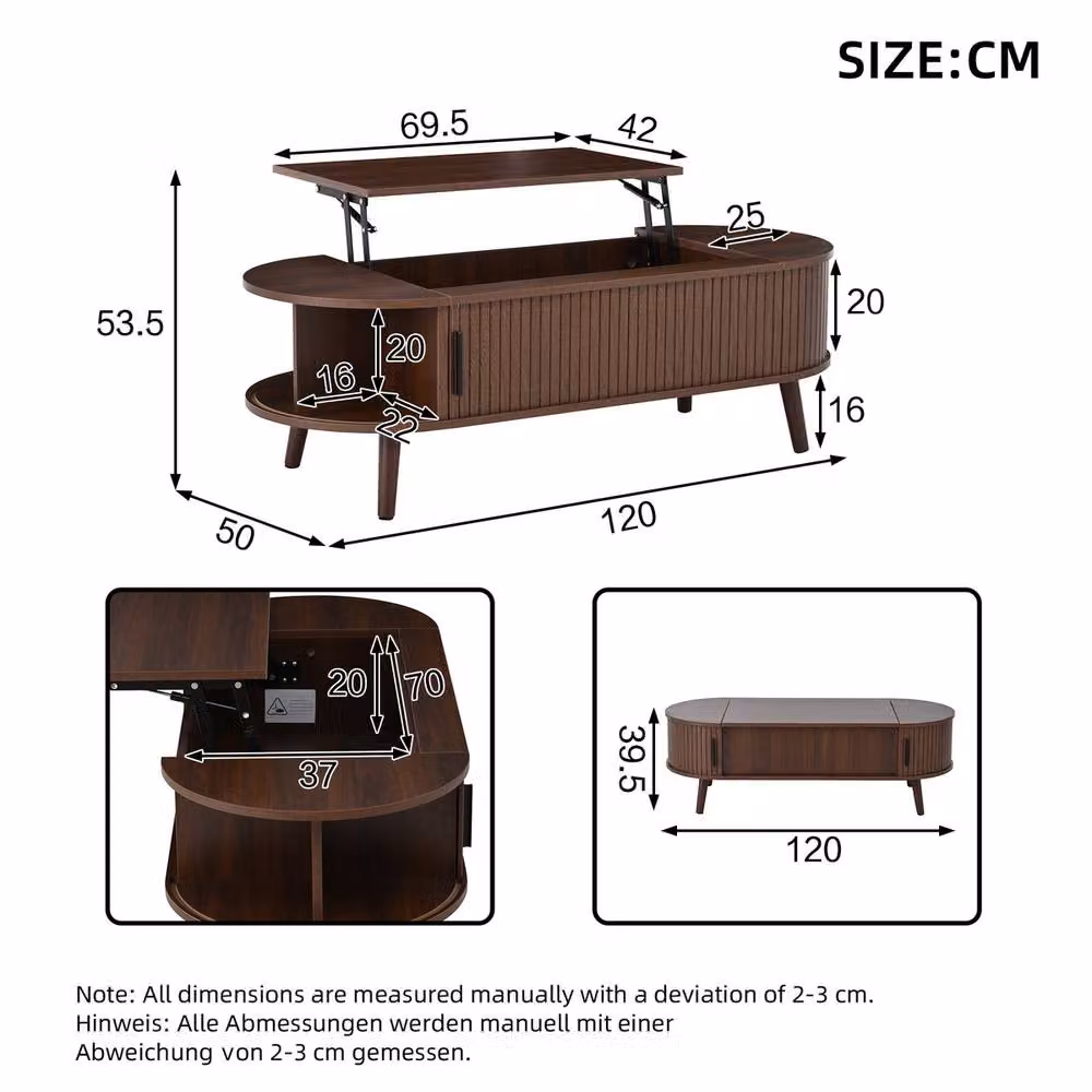 Rolipo Oval Lift Top Coffee Table in Brown with Hidden Storage and Height Adjustable Mechanism, W/D/H: 120 x 53.5 x 53.5 cm – 4