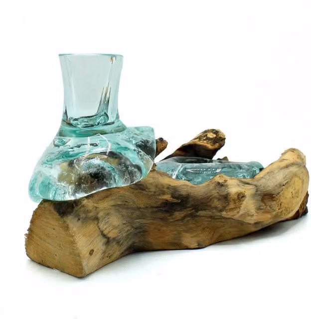 KDMD Molten Glass Small Flower Vase and Tealight Holder with Wood Base in Brown and Transparent