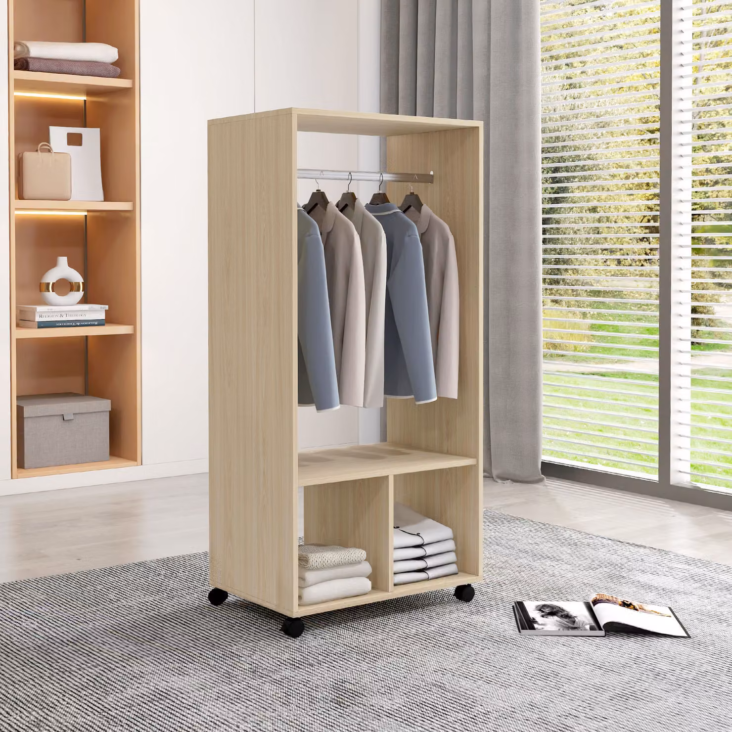 HOMCOM Open Wardrobe on Wheels with Clothes Hanging Rail and 2 Storage Shelves, Natural – 2