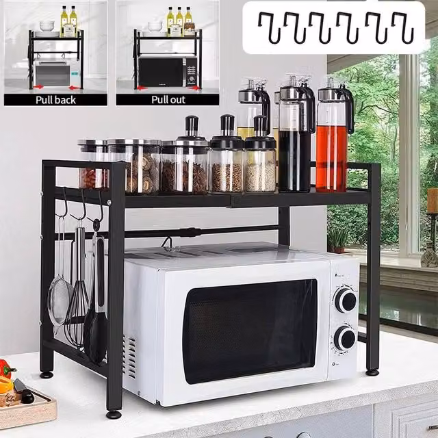 EONLION 2 Tier Expandable Microwave Oven Rack Stand in Black, Width: 100 cm – 1