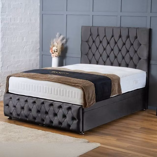 BSSPOKE Mulberry Ottoman Divan Bed in Charcoal Plush Velvet with 54 inch Headboard, Size: Double (W/D/H: 140 x 200 cm)