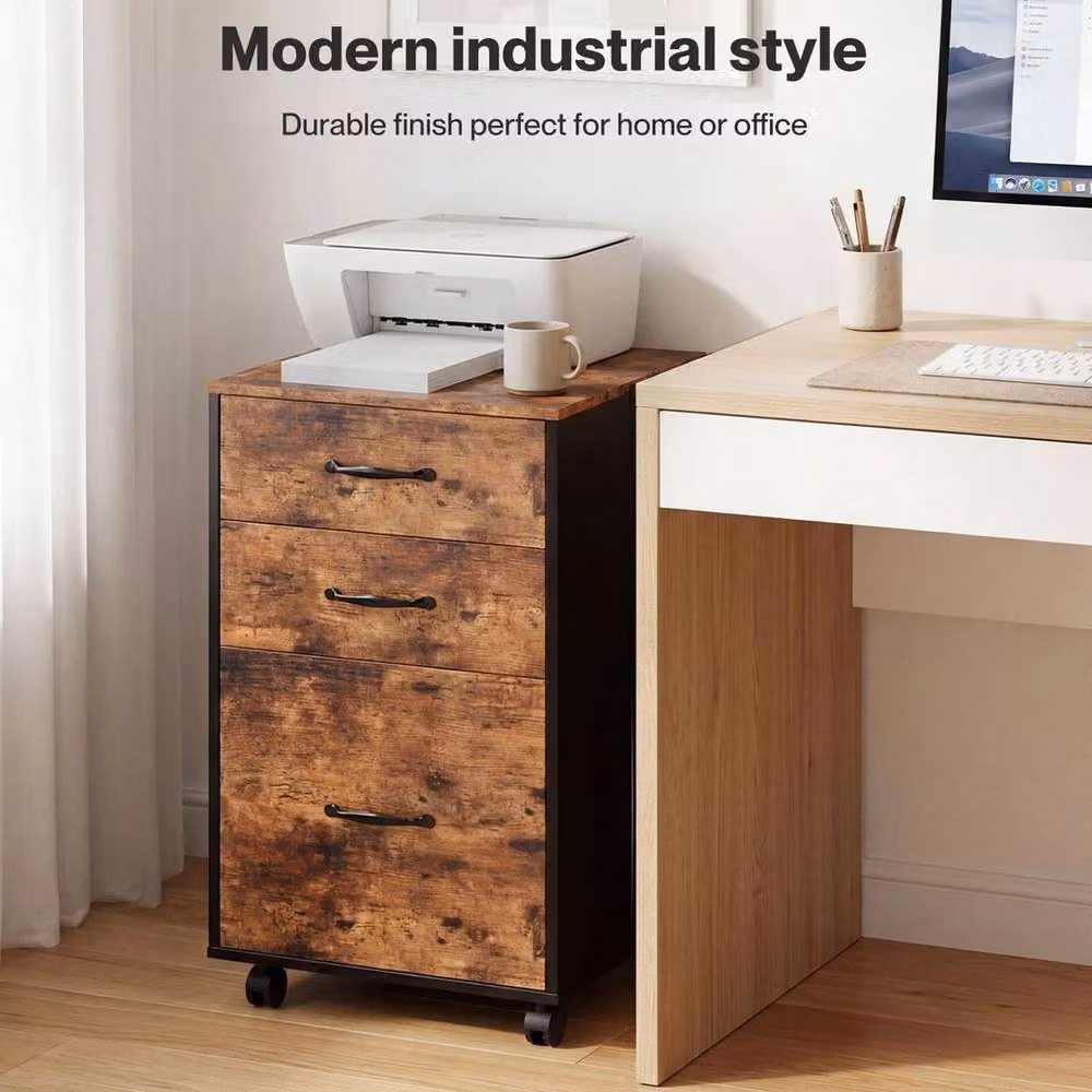 Kelvenix Mobile 3-Drawer Filing Cabinet with Castors, Walnut Brown – 5