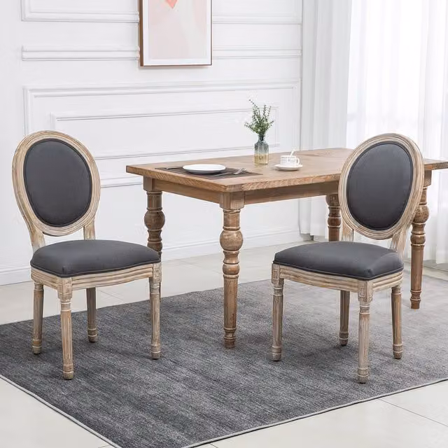HOMCOM Set of 2 French-Style Dining Chairs with Grey Linen Fabric Upholstery and Solid Wood Frame – 1