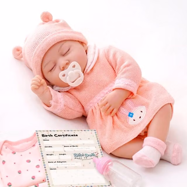 BiBi Doll Reborn Sleeping Rose Porcelain Baby Doll with Accessories in Pink