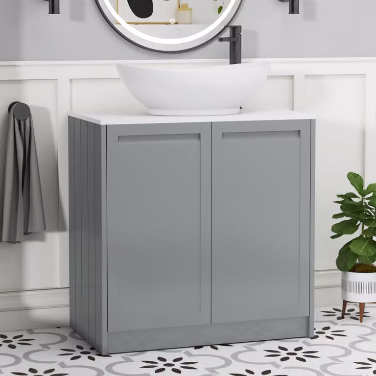 Royal Bathrooms Elmore 800mm Floor Standing 2 Door Vanity Unit in Matt Pebble Grey with Plain White Worktop and Amaze Basin