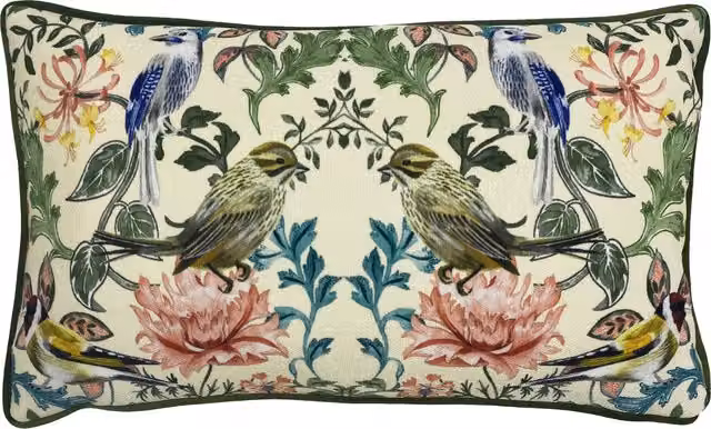 Make it a Home Floral Birds Piped Rectangular Cushion in Green and Multicolour Polyester