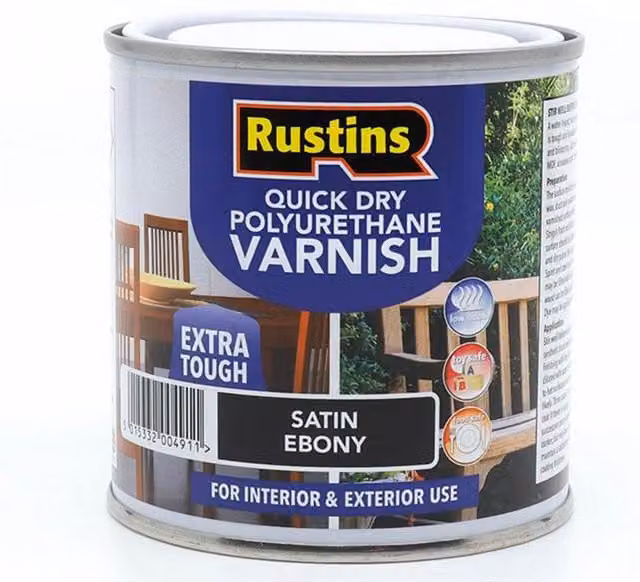 Rustins Quick Dry Water-Based Polyurethane Wood Varnish, Satin, Black, 250ml